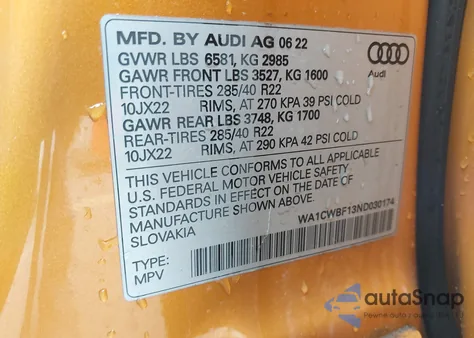 2022 Audi Sq8 Prestige Tfsi Quattro Tiptronic из США, поврежденный, VIN WA1CWBF13ND030174
